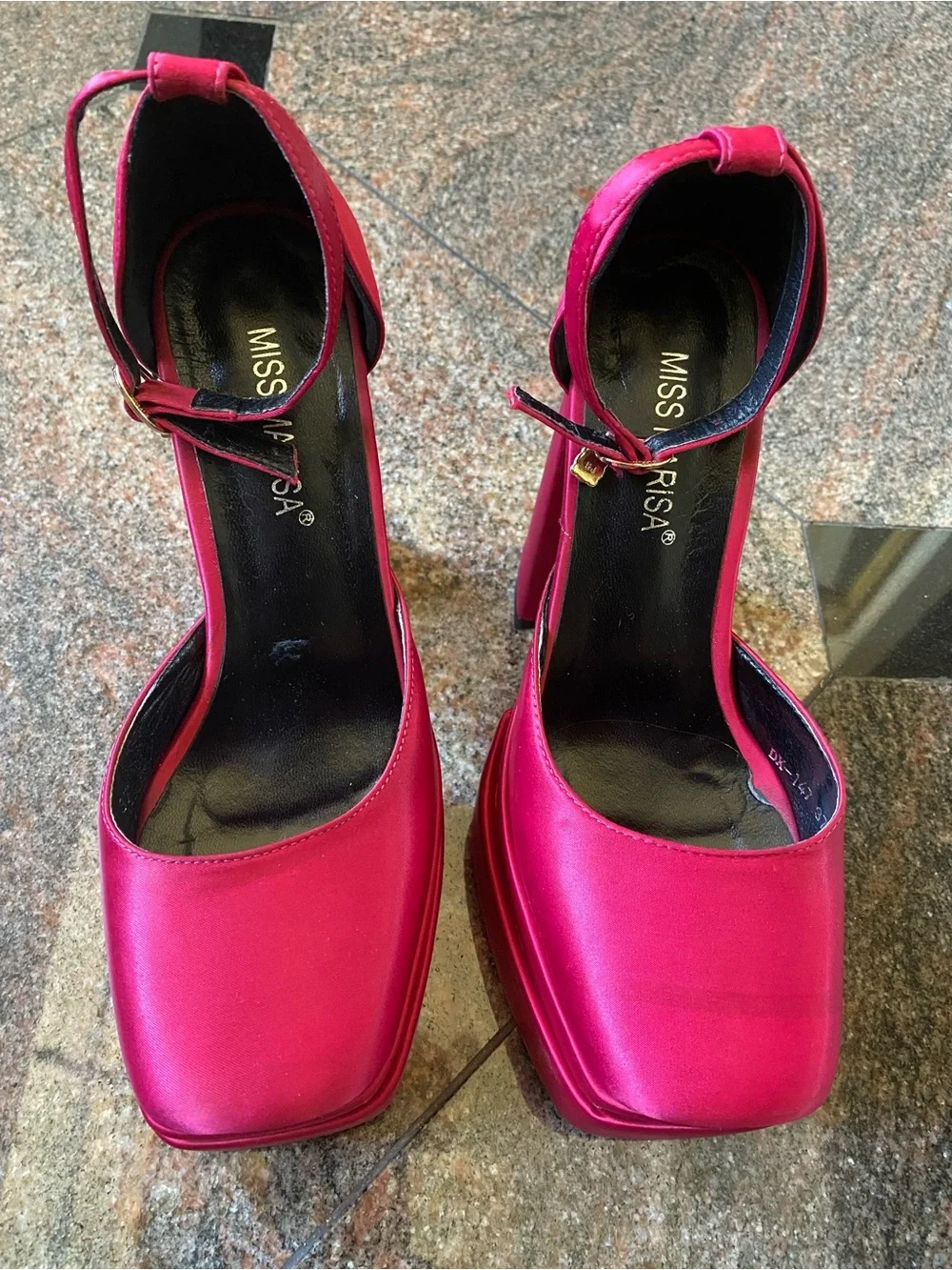 Miss Marisa Fuchsia Satin Platform Block Heel Sandals with Ankle Strap